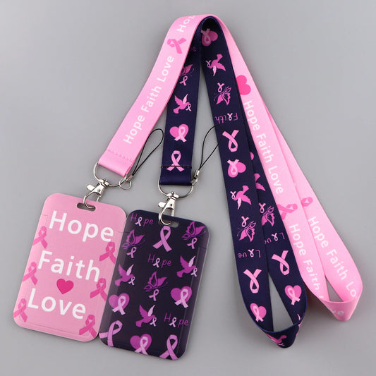 the LANYARD - Breast Cancer Awareness Symbols Card Holder Hope Faith Love Neck Strap Lanyards Keychain ID Credit Card Cover Hang Rope Lanyard