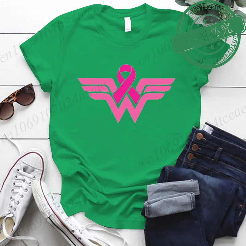 Summer Y2k Women T-shirt Cancer Ribbon Wonder Printed Female Clothing Short Sleeve Breast Cancer Awareness Tops Fighter Tees