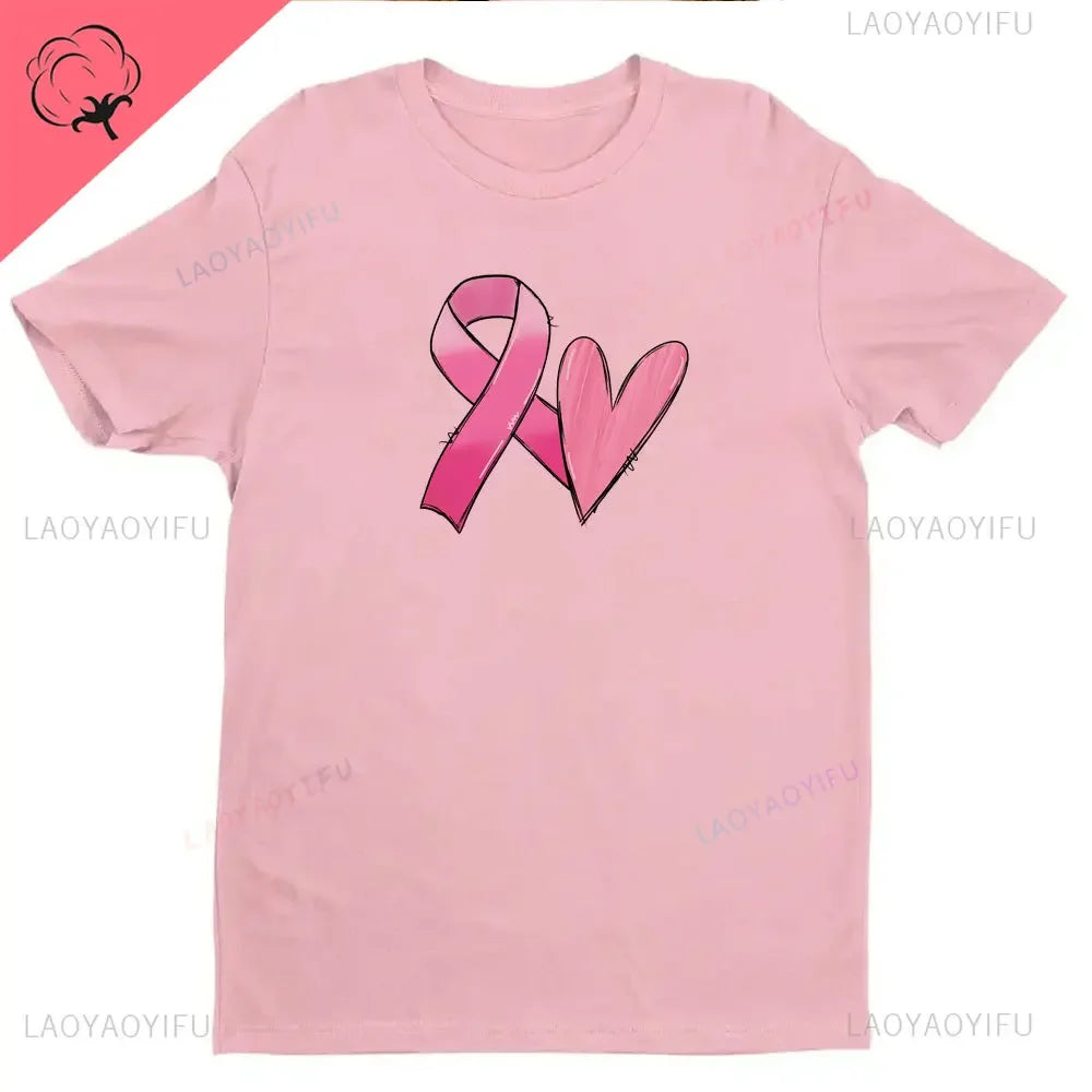 Ribbon Print Breast Cancer Awareness Shirts Cancer Survivor Shirt Pink Ribbon Shirt Breast Cancer Awareness Gift Tees Cotton Tee