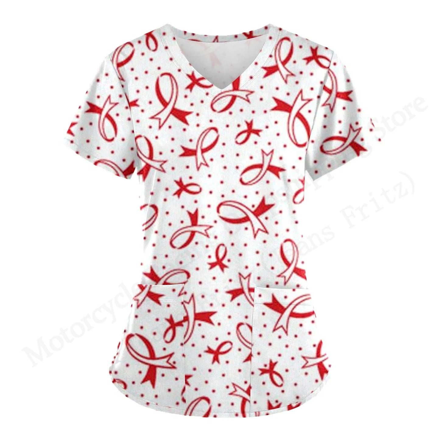 Love Nurse Uniform Scrubs Medical Uniform Pink Ribbon 3D Print V-Neck Pocket Short Sleeve Medical Uniforms Working Clothes New