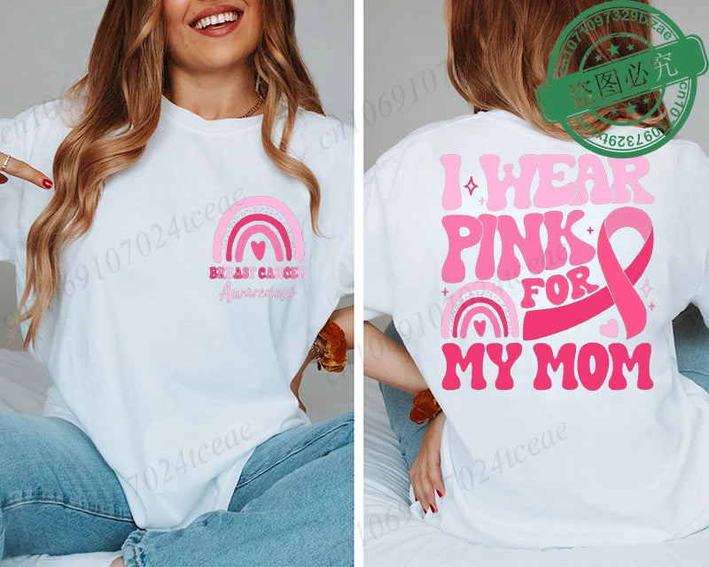 the PINK FOR - I Wear Pink for Breast Cancer Print Women T-Shirt, Pink Ribbon Support Squad Shirt for Women, Fashion Casual Clothes Summer T-Shirt