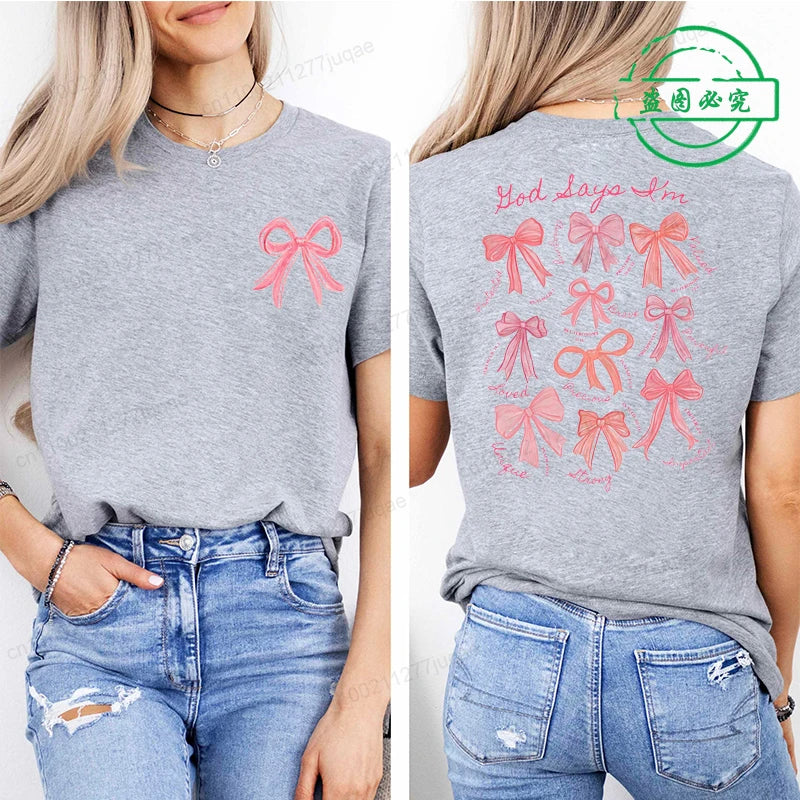 the GOD SAYS - God Says I Am Coquette Bow Trend Women Fashion Clothing Graphic T-Shirts, Clothes Boho Jesus Bible Verse Print Shirt Casual Tee