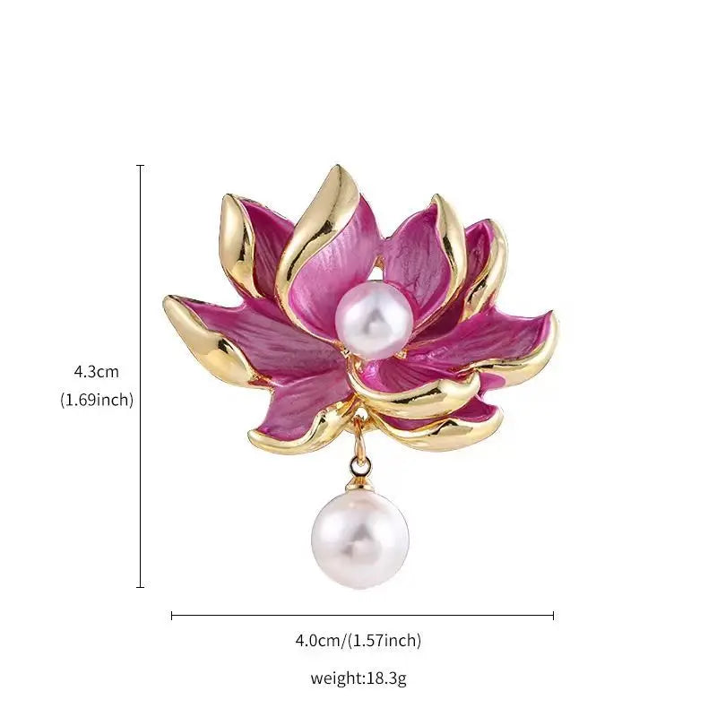 Elegant Lotus Flower Enamel Pins for Women Fashion Gold Plated Bouquet Drop White Pearl Brooches Weddings Clothes Accessories