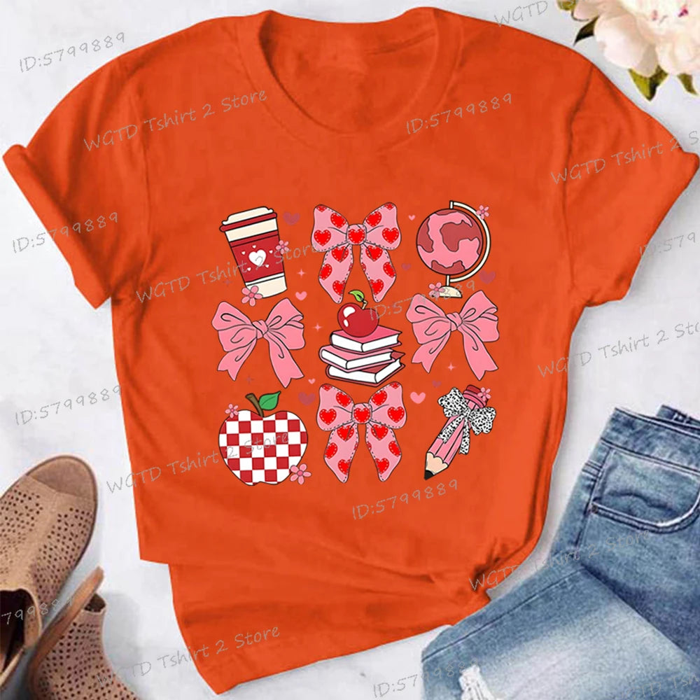 Teacher's Day Graphic Print T-Shirt Teacher Gifts Pink Bows Coquette Crewneck Clothing Back To School Shirt Cute Teacher Tees