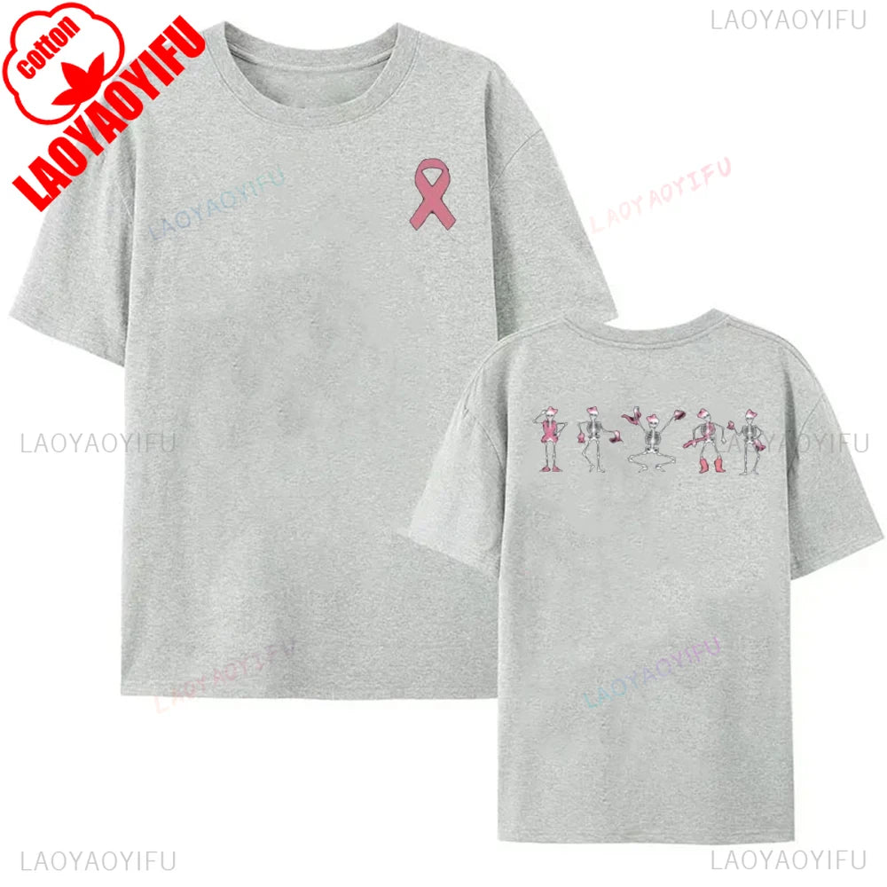 Breast Cancer Awareness Pink Ribbon Skeleton T-Shirt Halloween Gift Dancing Bones Shirt Women Men Unisex Comfortable Cotton Tee