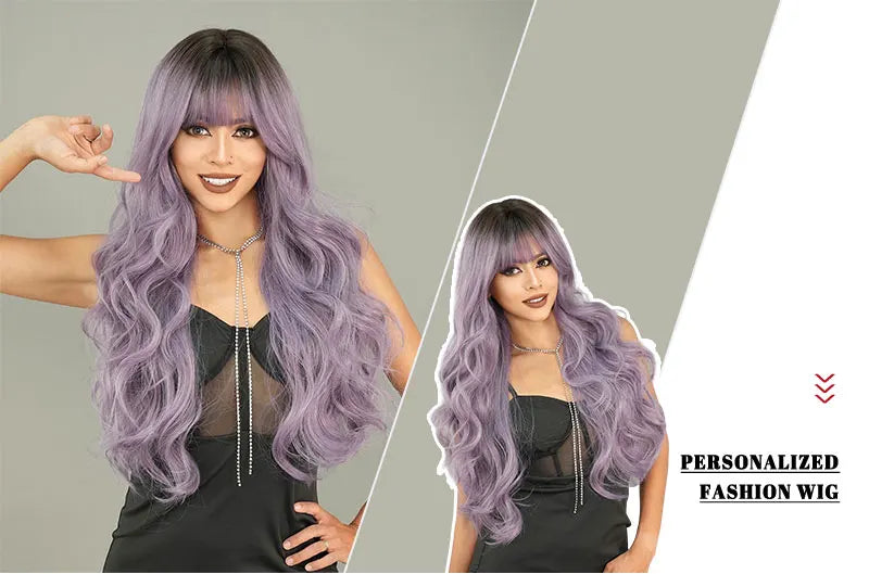 the GODDESS - Long Wavy Grey Purple Wig for Women, Cosplay Daily Party Overhead Dyeing Wavy Synthetic Heat-Resistant Wigs