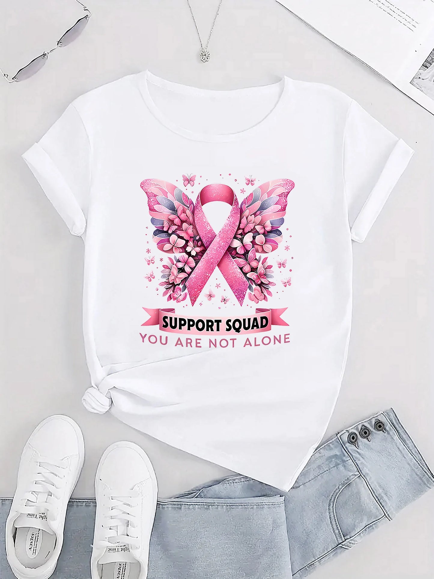 Women's Breast Cancer Awareness Butterfly Ribbon Print Harajuku Short Sleeve Casual Women's Clothing Street Aesthetic Clothes
