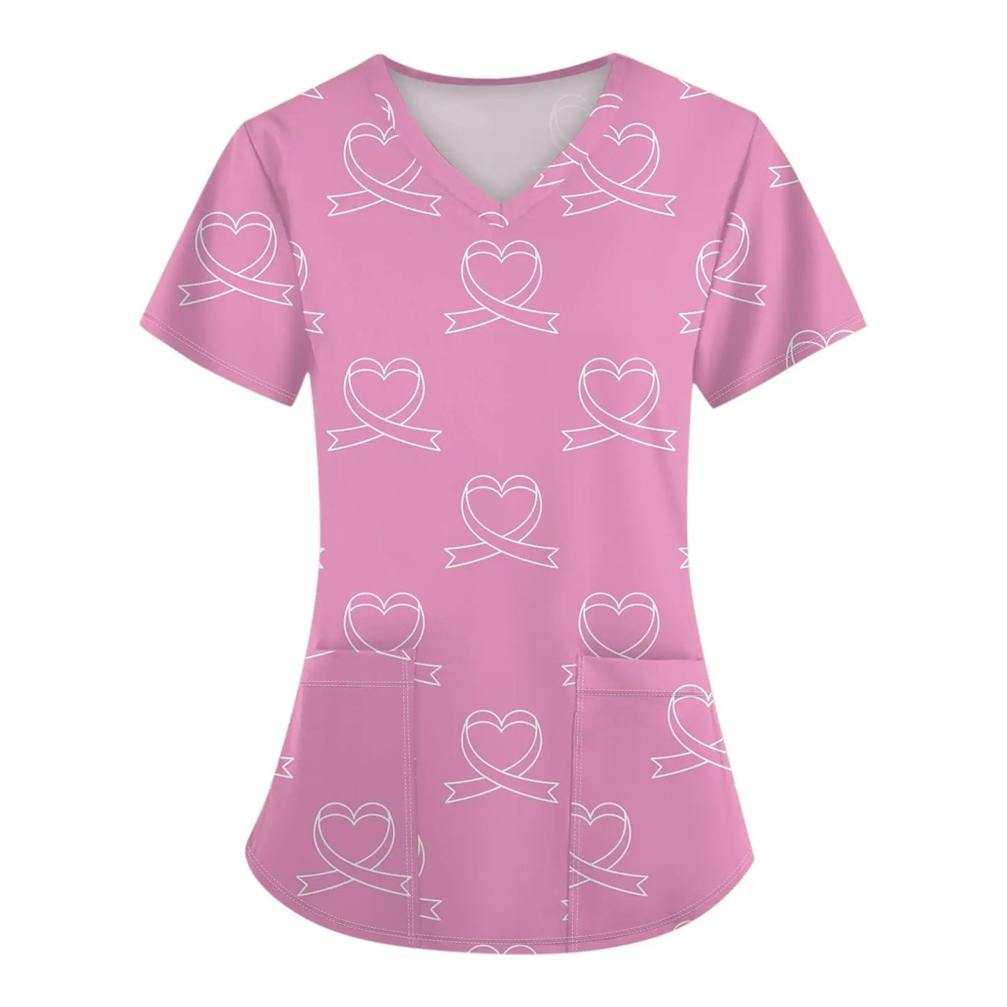Surgical Uniforms Woman Pink Ribbon Print Heal Nurse Tops V-Neck Short Sleeve Patch Pocket Cancer Fighter Clinical Uniform Woman