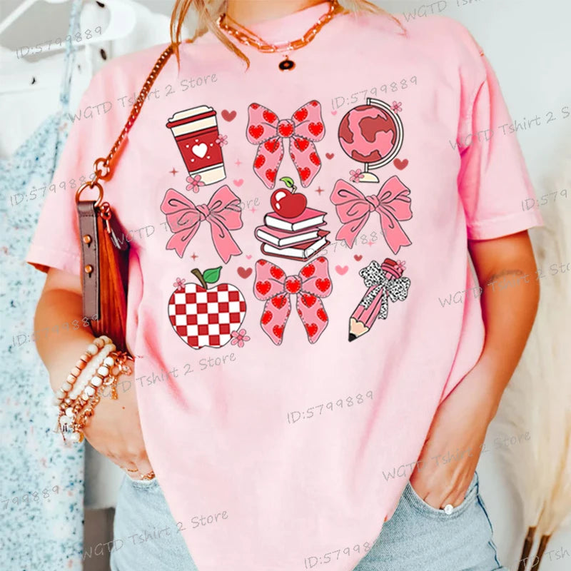 Teacher's Day Graphic Print T-Shirt Teacher Gifts Pink Bows Coquette Crewneck Clothing Back To School Shirt Cute Teacher Tees