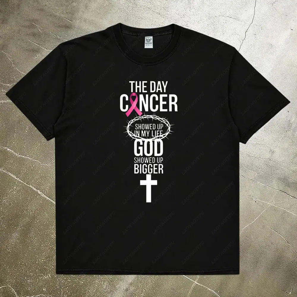 the GOD SHOWED UP - Breast Cancer Awareness Women Shirt, Breast Cancer Awareness God Showed Up Bigger Christian Quote T-Shirts Tops
