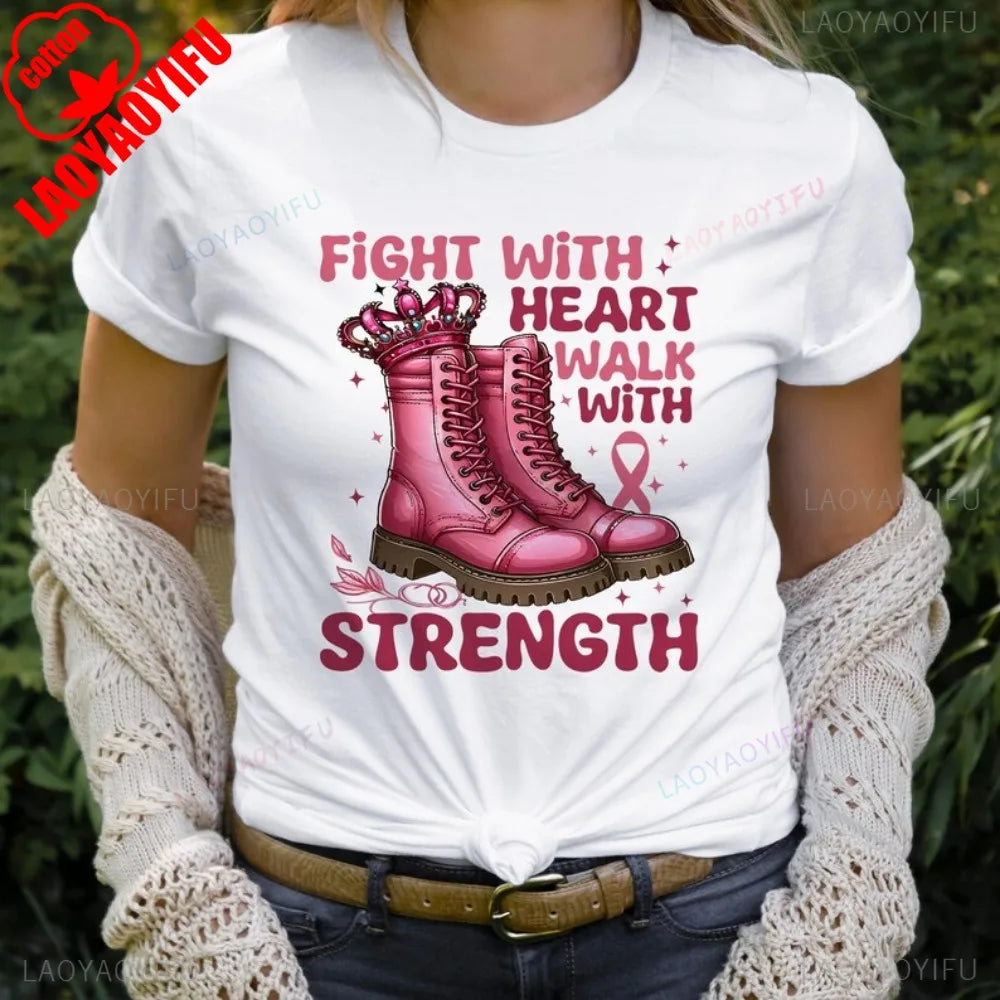 Fight with Heart Walk with Strength Shirt Breast Cancer Awareness Tshirt Cancer Fighter T-shirt October Pink Women Cotton Shirts