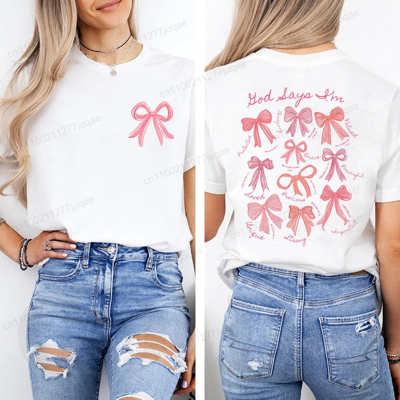 the GOD SAYS - God Says I Am Coquette Bow Trend Women Fashion Clothing Graphic T-Shirts, Clothes Boho Jesus Bible Verse Print Shirt Casual Tee