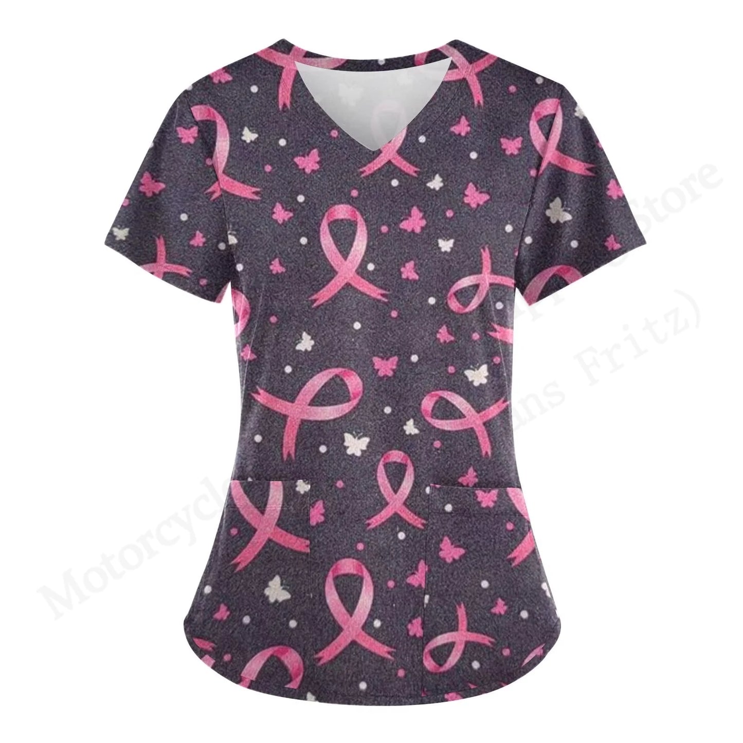 Love Nurse Uniform Scrubs Medical Uniform Pink Ribbon 3D Print V-Neck Pocket Short Sleeve Medical Uniforms Working Clothes New