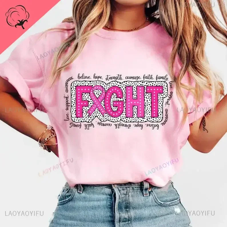 Breast Cancer Awareness Fight Print T Shirt in October We Wear Pink Awareness Ribbon Aesthetic Clothes Pink and White Tops Shirt