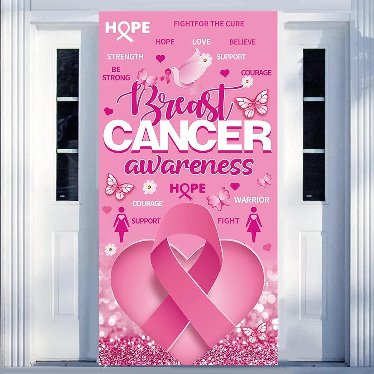 1Pcs Breast Cancer Awareness Decorations Door Banner Hope Strength Courage Faith Banners for Breast Cancer Awareness Decor