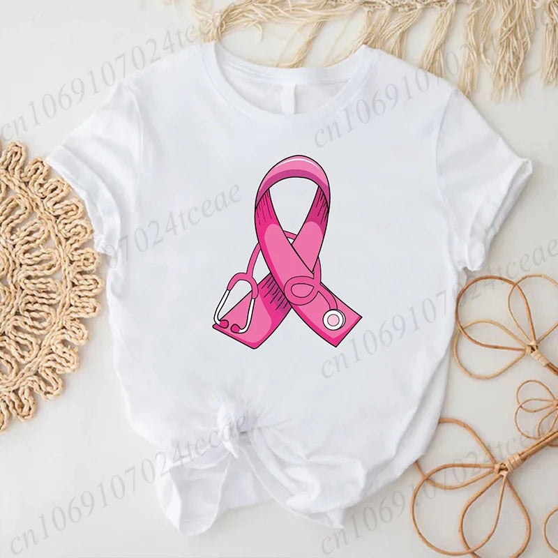 Breast Cancer Doctor Print Tshirt Women Breast Cancer Warrior Graphic Aesthetic T Shirt Pink Stethoscope Tshirt Ladies Clothing