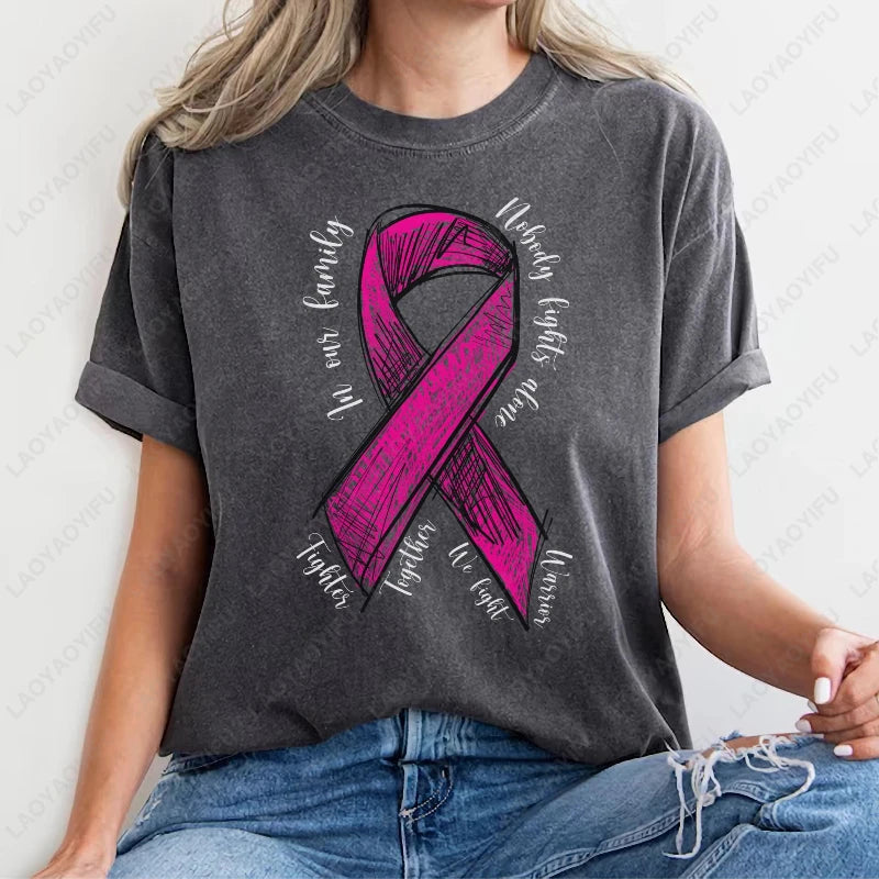 Fashion Breast Cancer Cotton Shirt Pink Breast Cancer Awareness T-Shirt Supporter Crew Tees Retro Cotton Woman Short-sleeve Tops