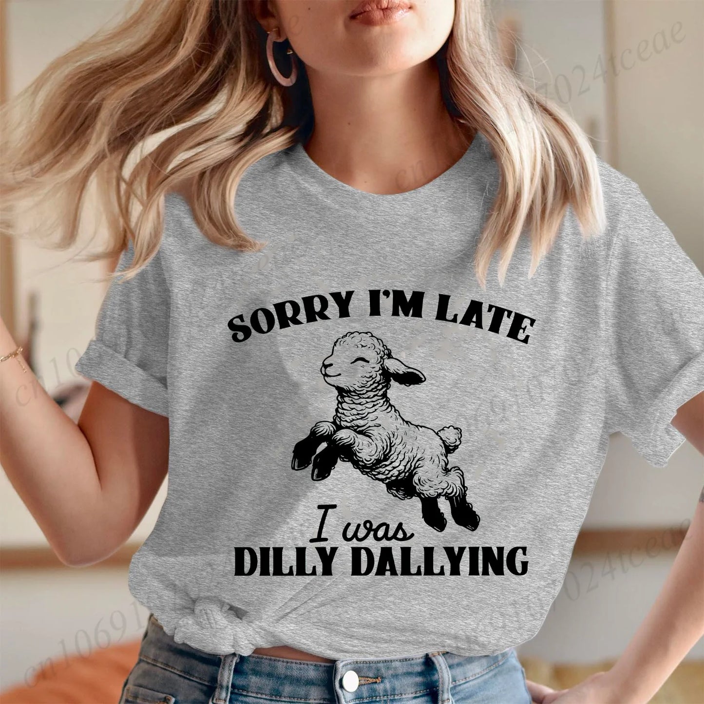 the DILLY DALLY - Sorry I'm Late I Was Dilly Dallying T-Shirts for Women, Funny Sheep Graphic Tops, Summer Short Sleeve Tees, Female Clothing