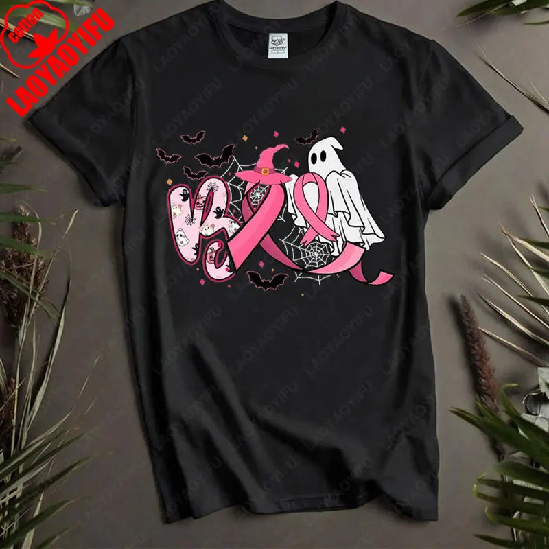 Boo Halloween Pumpkin Ghost Tee Men Women Cotton Tops in October We Wear Pink Ribbon Witch Roupas Breast Cancer Awareness Tshirt
