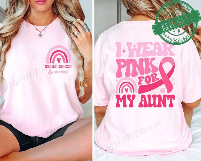 the PINK FOR - I Wear Pink for Breast Cancer Print Women T-Shirt, Pink Ribbon Support Squad Shirt for Women, Fashion Casual Clothes Summer T-Shirt