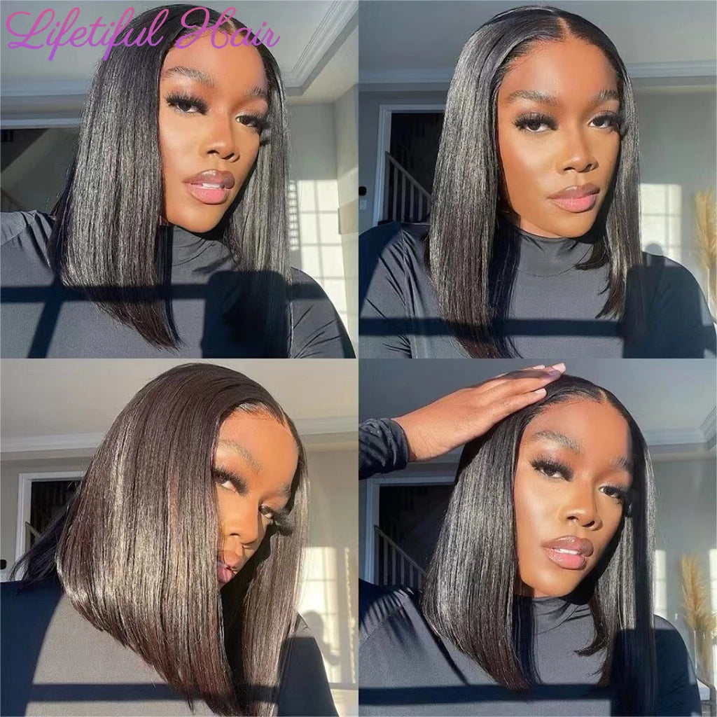 the CLEO - Glueless Bob Hair Wig, Human Hair Ready to Wear Straight Transparent 4x4 Lace Closure Wigs for Women, Glueless Wigs Human Hair