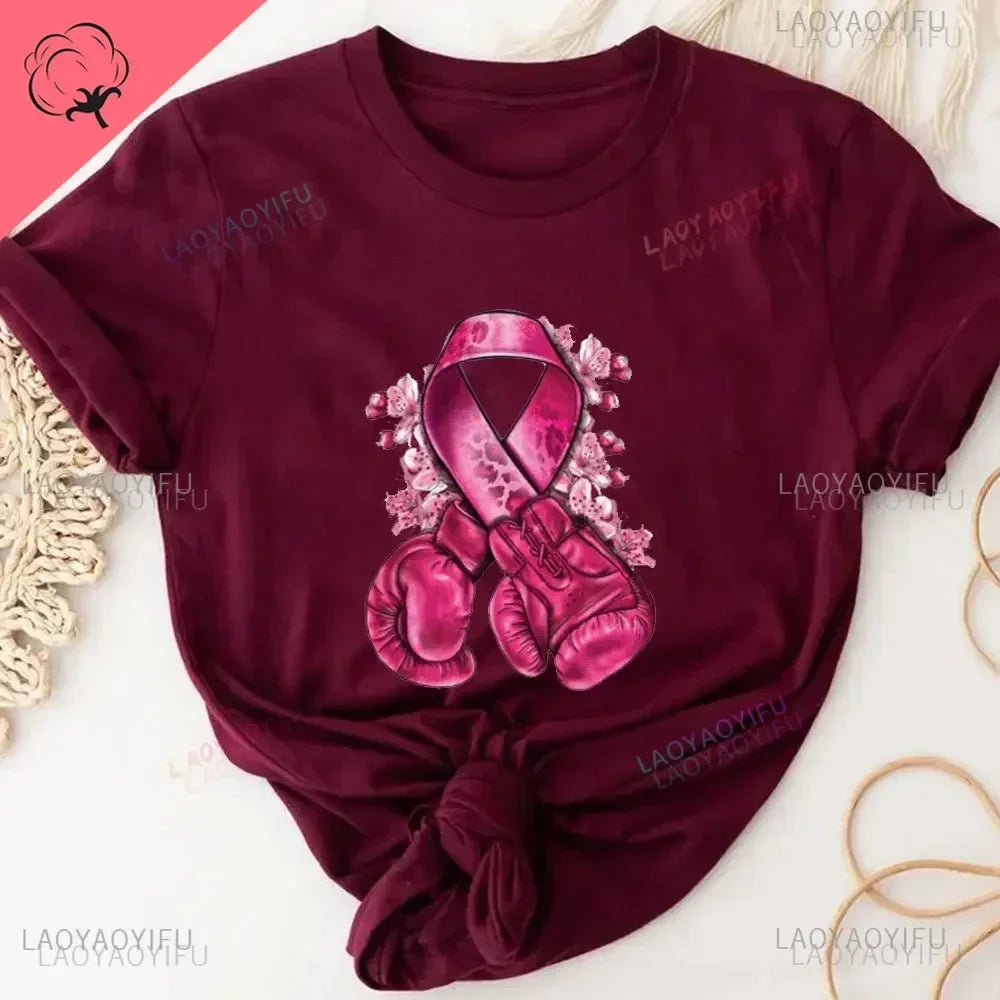 Caring for Women Breast Cancer T-shirt October Pink Ribbon Breast Cancer Awareness Themed Printed Tee Gift for Moms Daughters