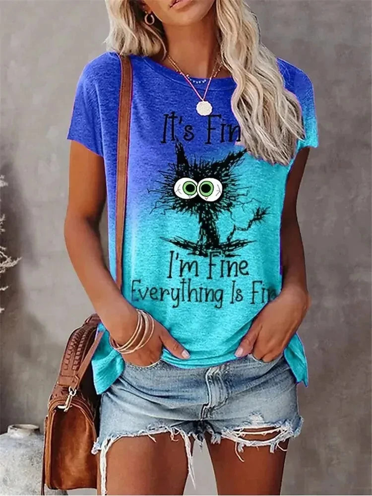 the I'M FINE - 3D Print T-Shirts Women Streetwear Summer Cartoon Cats Fine, Casual Fashion Short Sleeve T Shirt O-neck Tees Tops Clothing