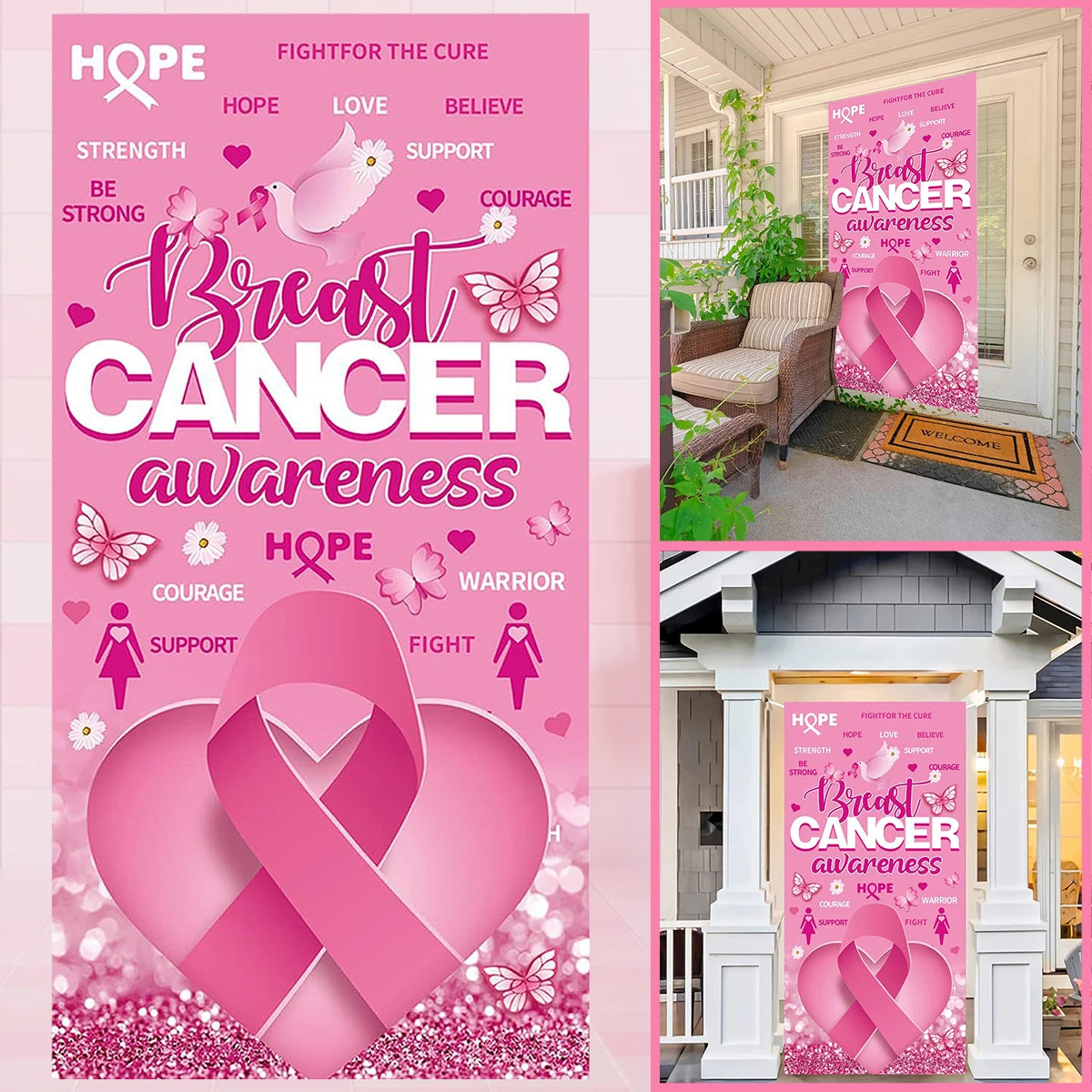 1Pcs Breast Cancer Awareness Decorations Door Banner Hope Strength Courage Faith Banners for Breast Cancer Awareness Decor
