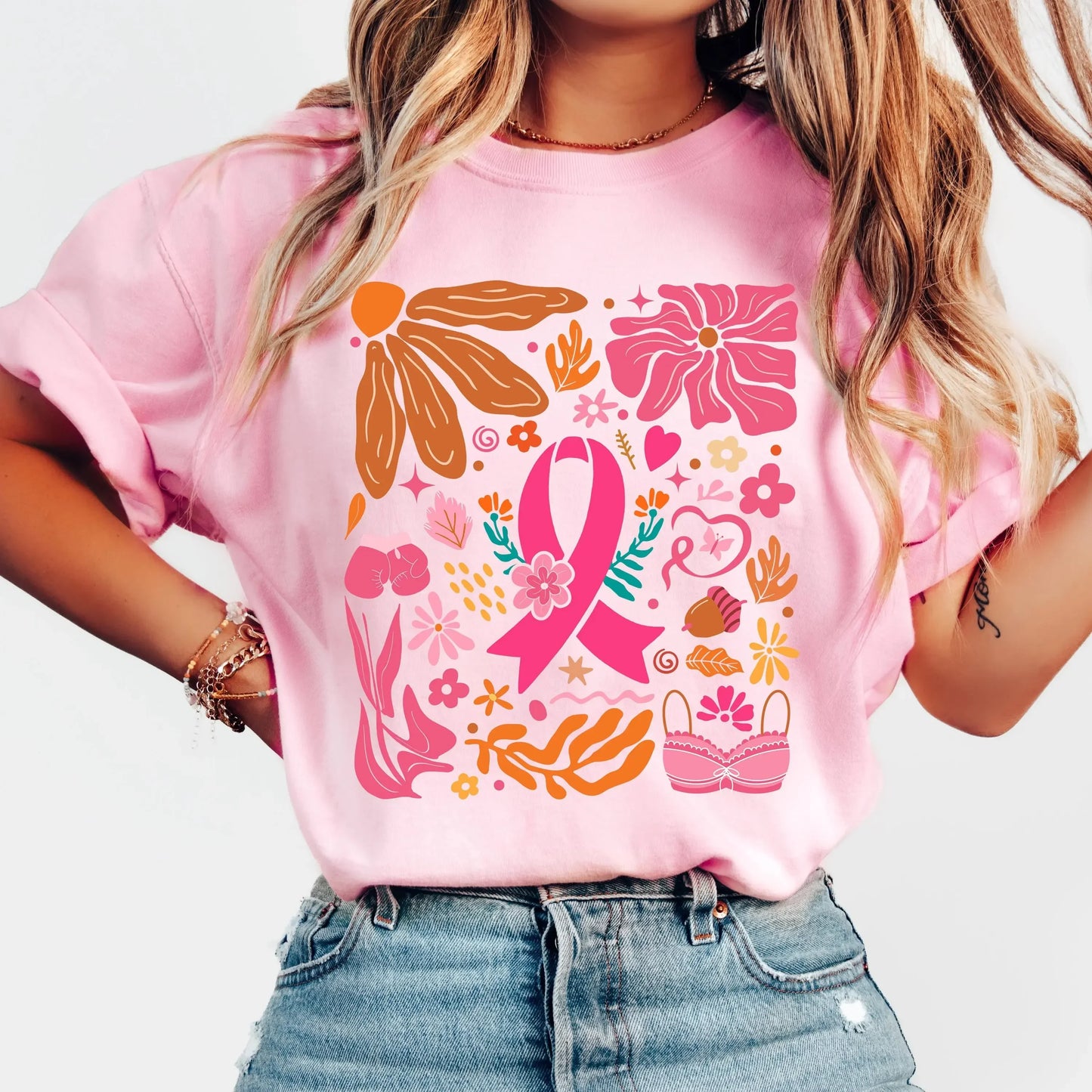 Breast Cancer Awareness Fight Print T Shirt in October We Wear Pink Awareness Ribbon Aesthetic Clothes Pink and White Tops Shirt
