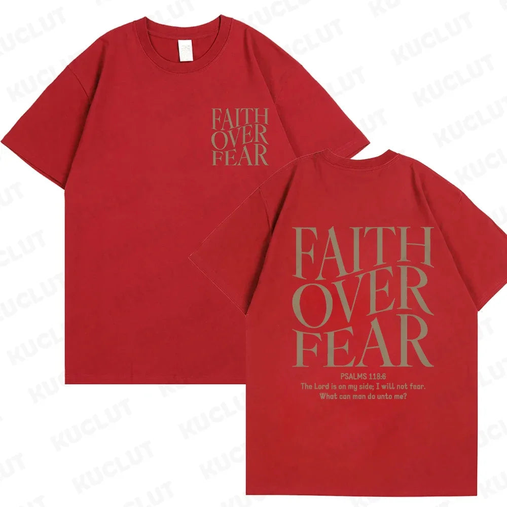 the FAITH OVER FEAR - Christian Women T-Shirts, Christian Clothes, Jesus Fashion Trendy T-Shirts Bible Verse Sportwear Aesthetic Clothes