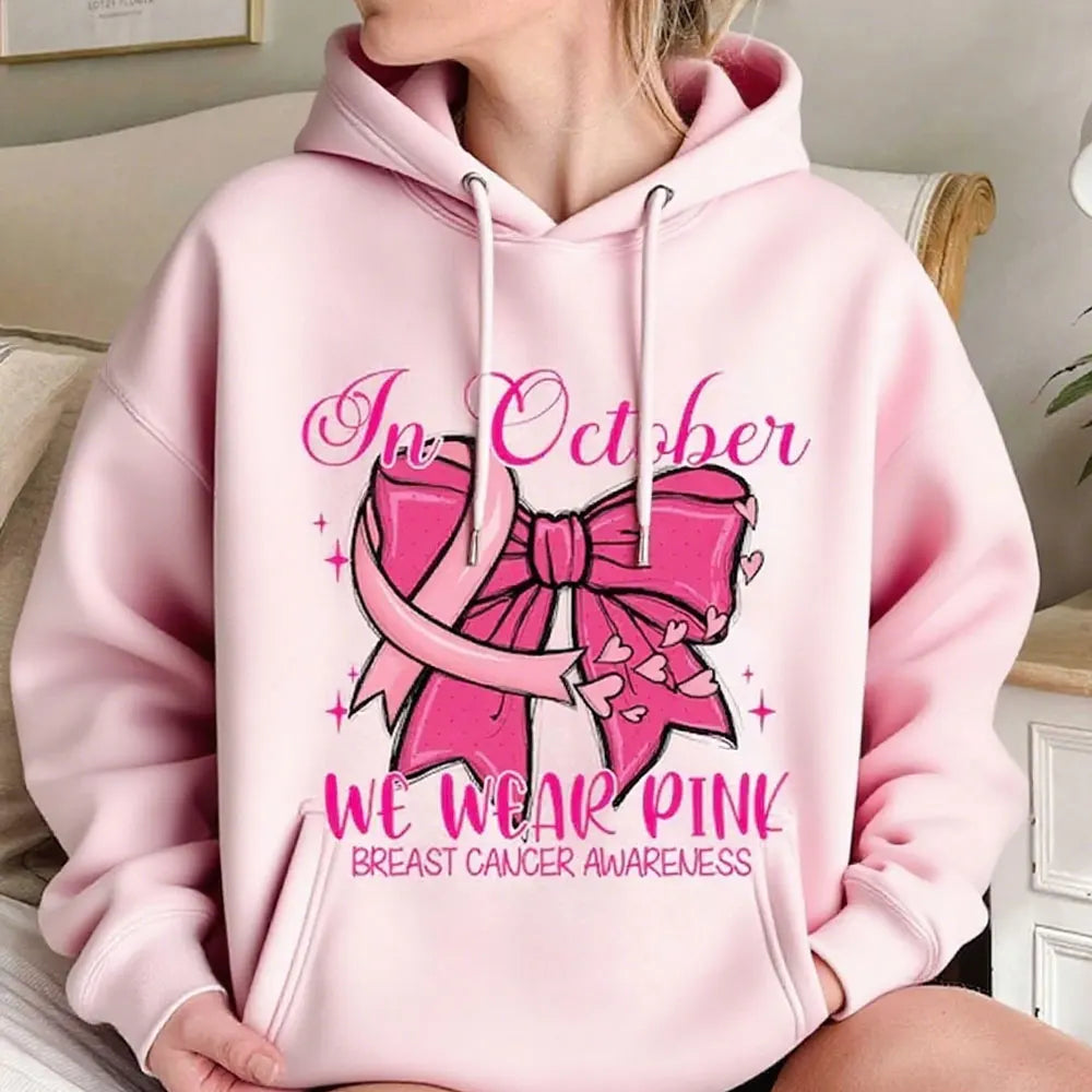 In October We Wear Pink Breast Cancer Awareness Sweatshirt Pink Coquette Bow Clothing Creative Design Women Casual Streetwear