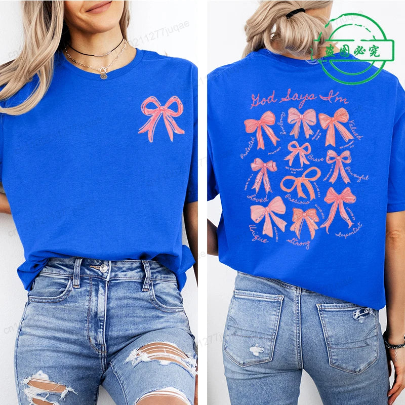 the GOD SAYS - God Says I Am Coquette Bow Trend Women Fashion Clothing Graphic T-Shirts, Clothes Boho Jesus Bible Verse Print Shirt Casual Tee