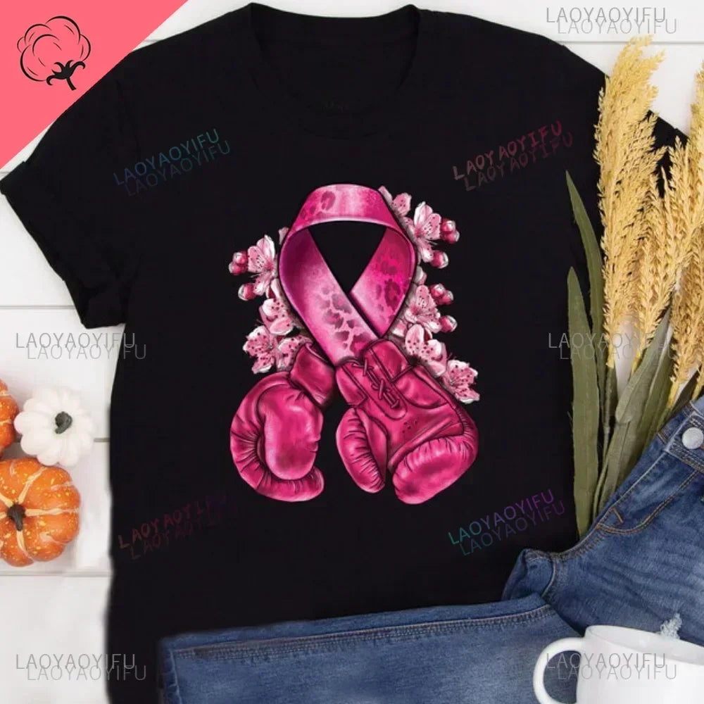 Caring for Women Breast Cancer T-shirt October Pink Ribbon Breast Cancer Awareness Themed Printed Tee Gift for Moms Daughters