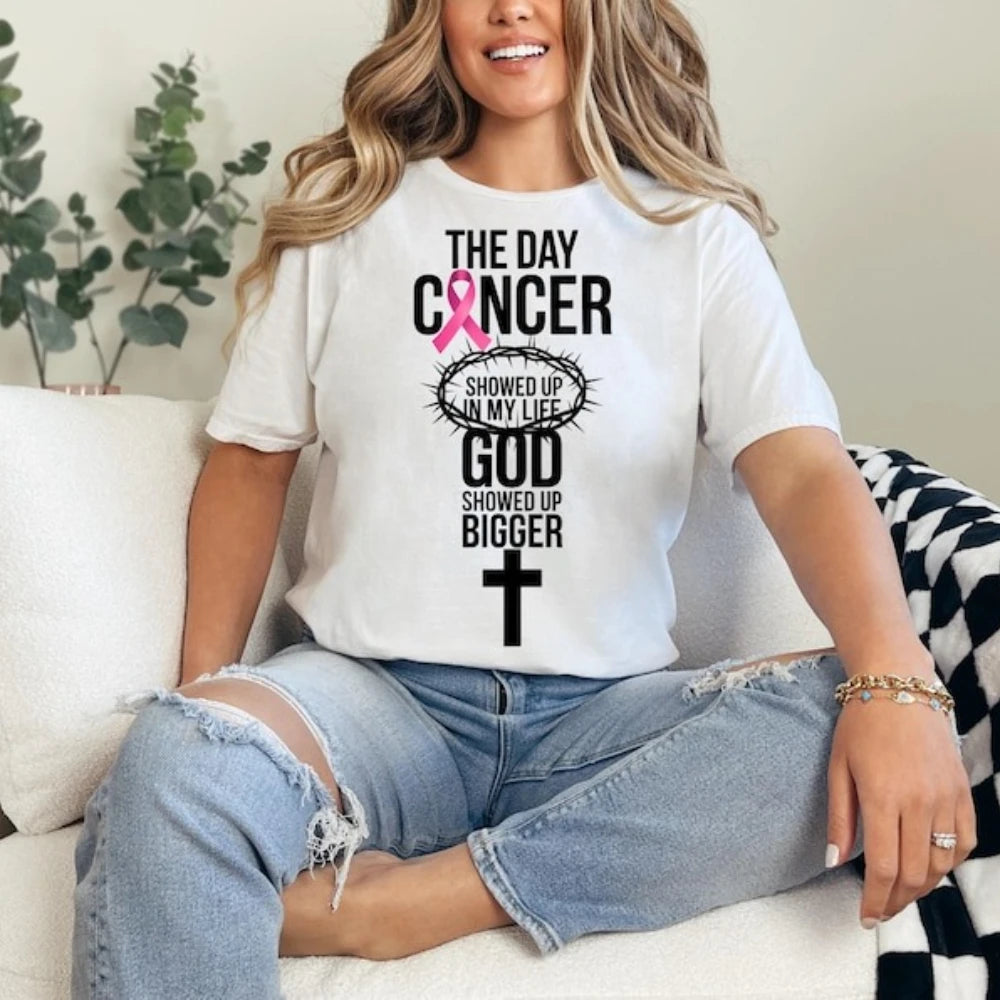 the GOD SHOWED UP - Breast Cancer Awareness Women Shirt, Breast Cancer Awareness God Showed Up Bigger Christian Quote T-Shirts Tops