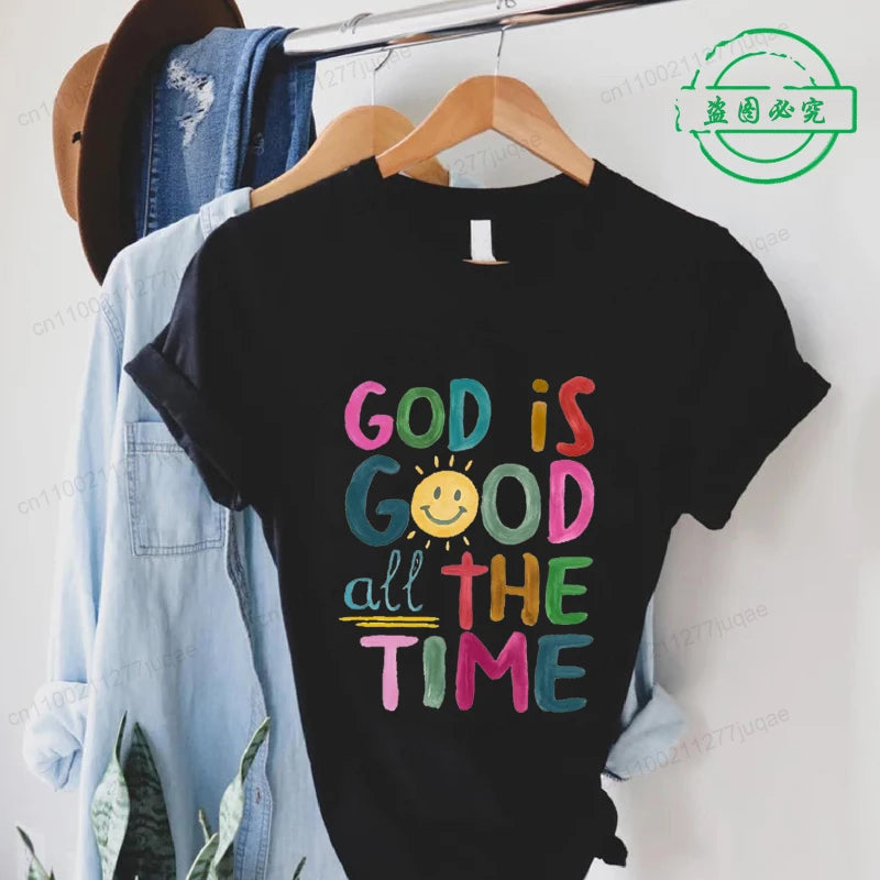 the GOD IS GOOD - God Is Good All the Time Print T-Shirts, Women Summer T Shirt Bible Verse Funny Tops Tee, Christian Jesus Female Casual Clothing