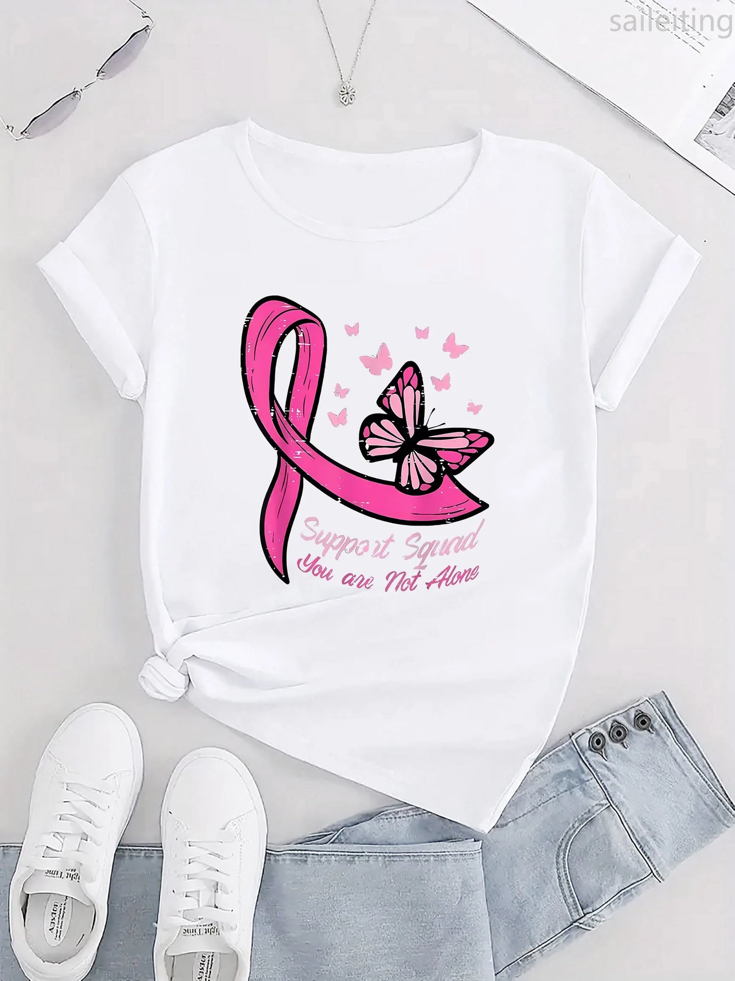 Women's Casual Sports TShirt Round Neck Sleeve Pink Butterfly Breast Cancer Awareness Print Comfortable Summer Aesthetic Clothes