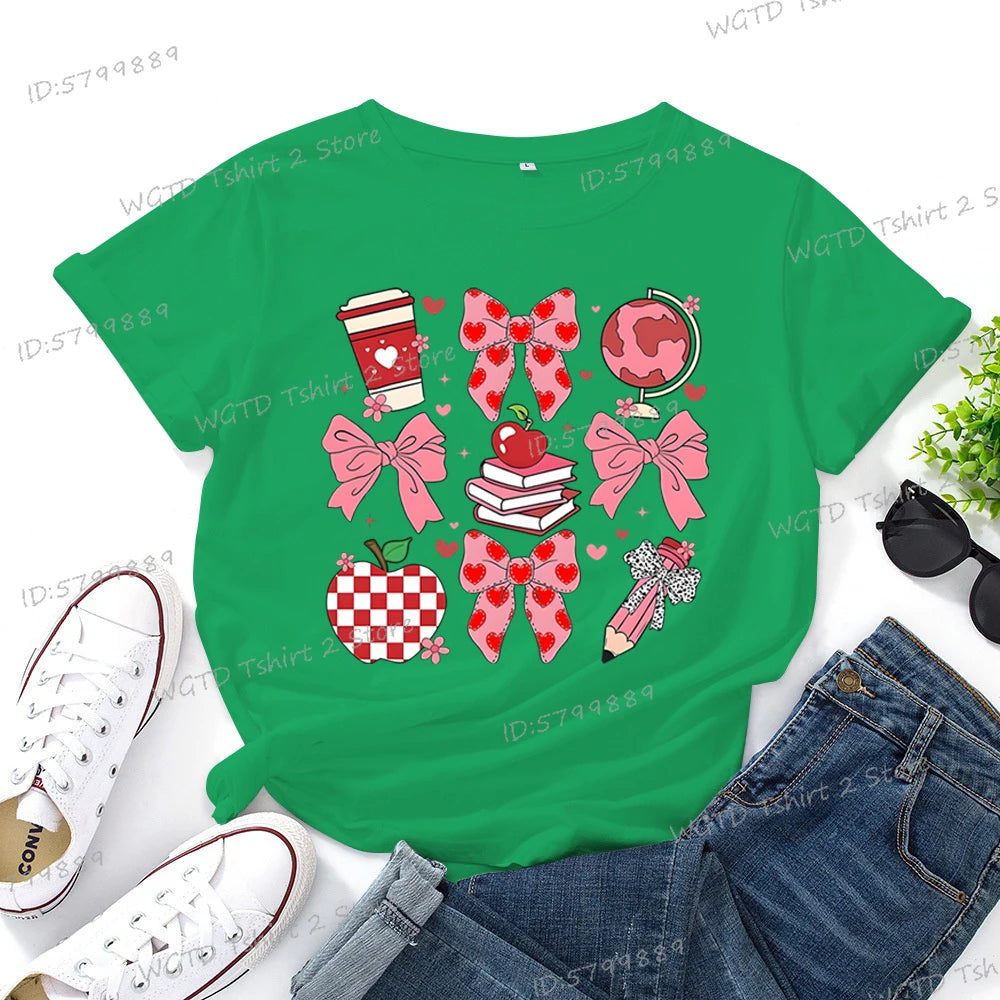 Teacher's Day Graphic Print T-Shirt Teacher Gifts Pink Bows Coquette Crewneck Clothing Back To School Shirt Cute Teacher Tees