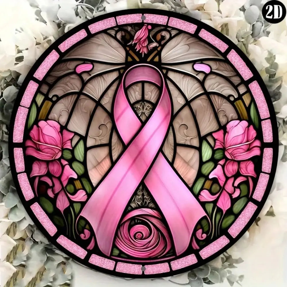 1pc 8"x8" Round Aluminum Breast Cancer Awareness Sign - Pink Ribbon Wreath Design, Perfect Decor for Home/Kitchen/Garden/Office