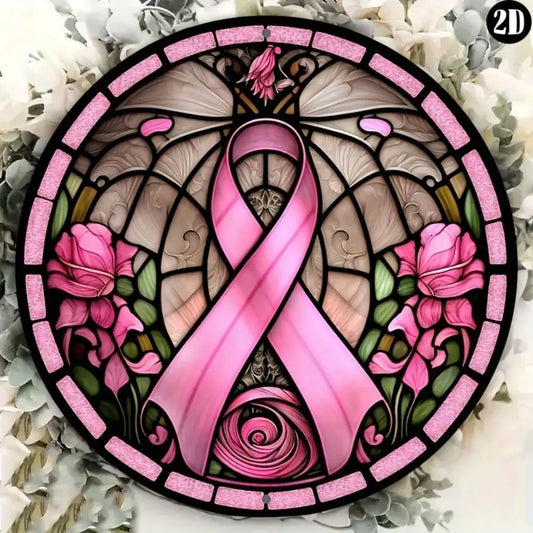 1pc 8"x8" Round Aluminum Breast Cancer Awareness Sign - Pink Ribbon Wreath Design, Perfect Decor for Home/Kitchen/Garden/Office