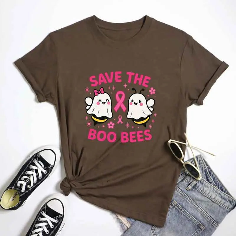 the SAVE THE BOO-BEES - Halloween "Save the Boo Bees" Tees, Funny Ghost Bee Breast Cancer Awareness T-Shirt, Cute Strong Women Pink Ribbon T-Shirt