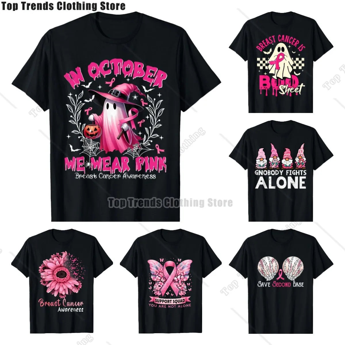 In October We Wear Pink Ghost Witch Breast Cancer Awareness T-Shirt Cosplay Clothes Streetwear Tee Shirt Plus Size Tops