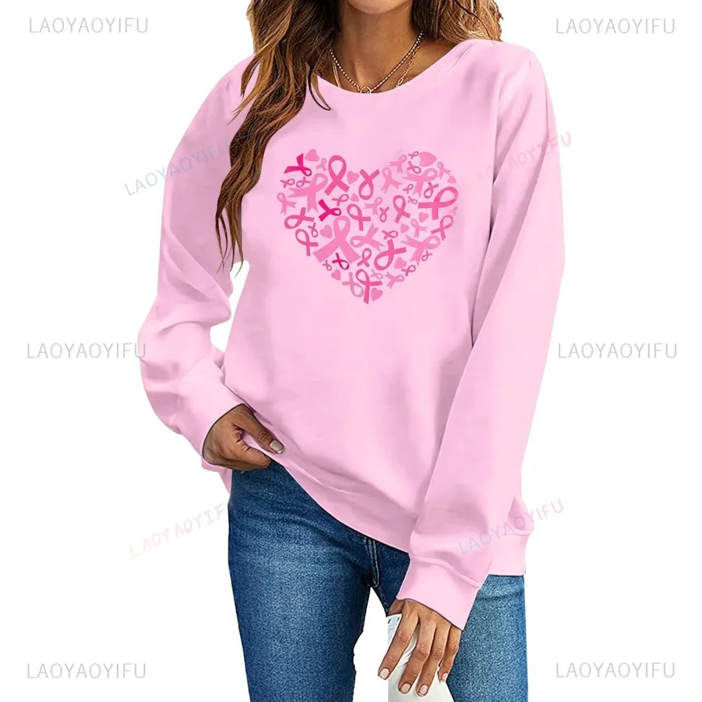 Breast Cancer Awareness Sweatshirt Women Pink Ribbon heart Graphic Shirt Casual Long Sleeve Pullover Blouse