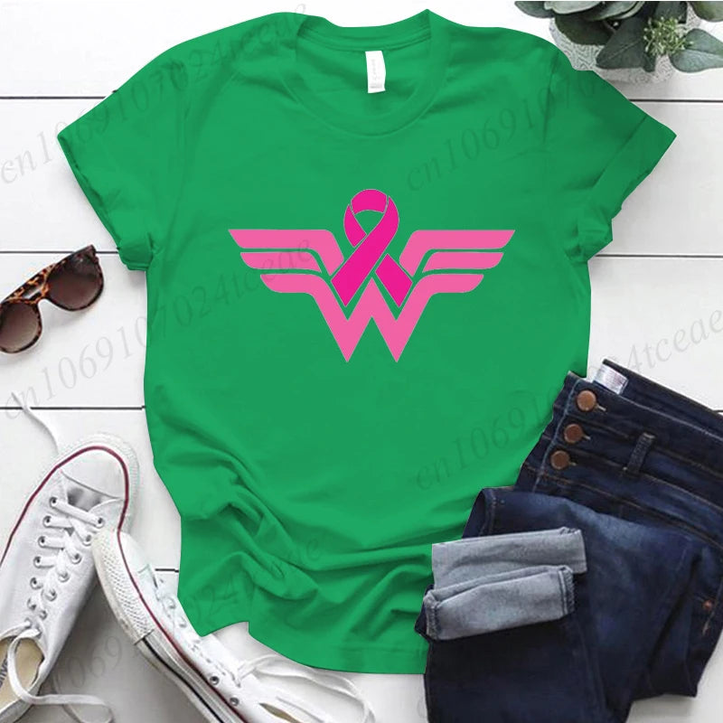 Summer Y2k Women T-shirt Cancer Ribbon Wonder Printed Female Clothing Short Sleeve Breast Cancer Awareness Tops Fighter Tees