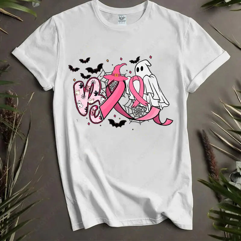 Boo Halloween Pumpkin Ghost Tee Men Women Cotton Tops in October We Wear Pink Ribbon Witch Roupas Breast Cancer Awareness Tshirt