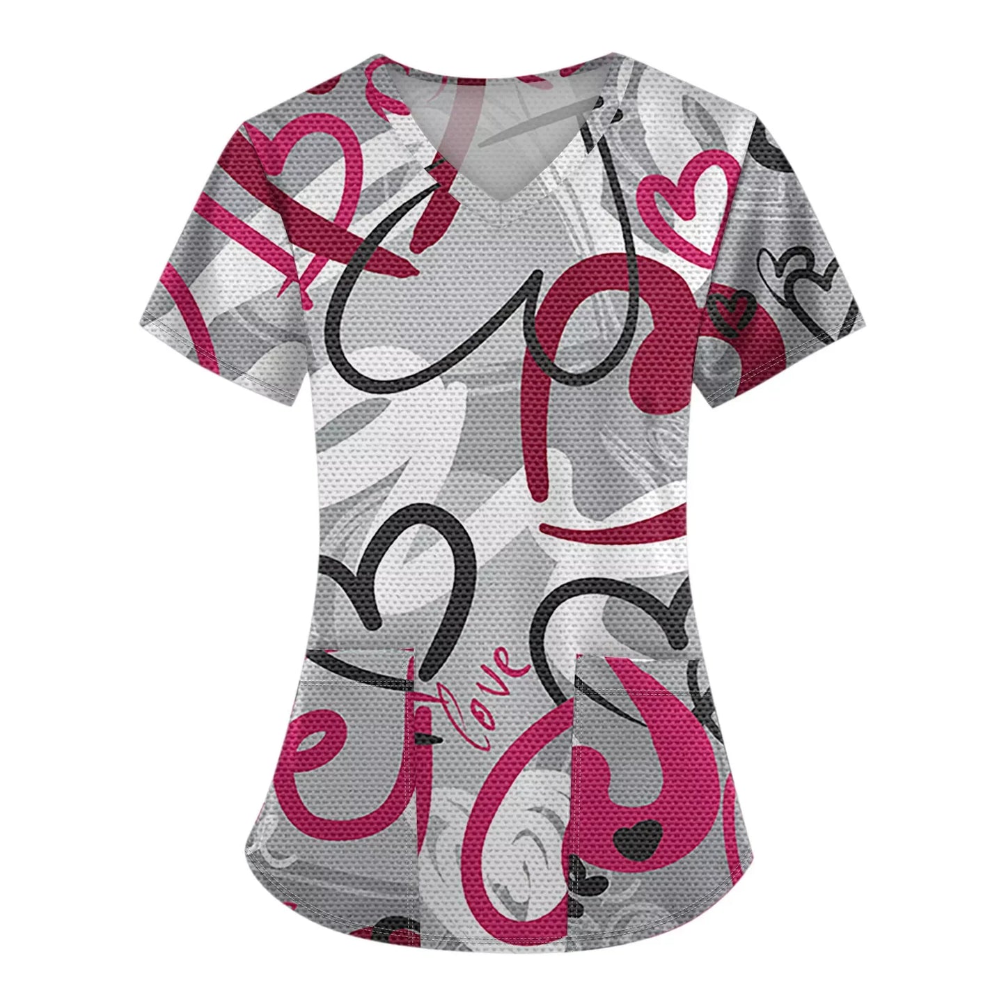 Surgical Uniforms Woman Pink Ribbon Print Heal Nurse Tops V-Neck Short Sleeve Patch Pocket Cancer Fighter Clinical Uniform Woman