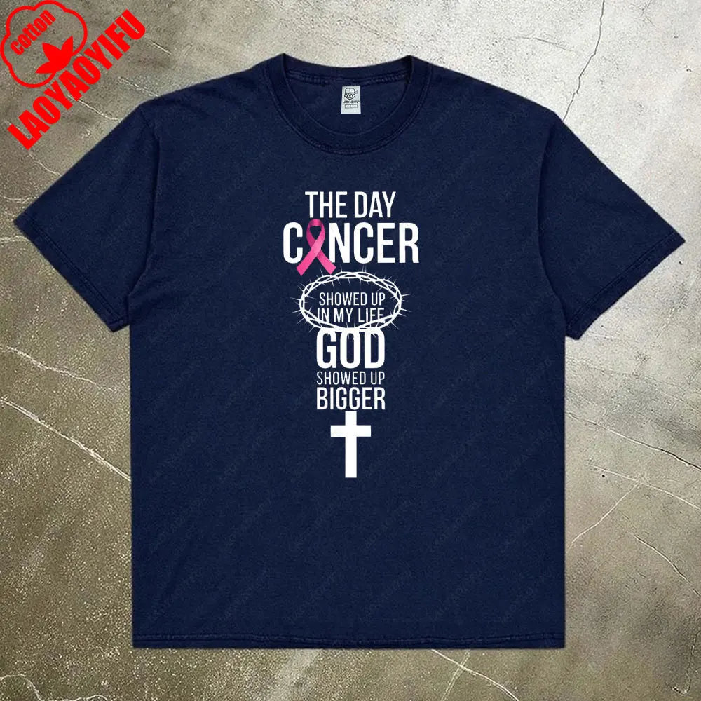 the GOD SHOWED UP - Breast Cancer Awareness Women Shirt, Breast Cancer Awareness God Showed Up Bigger Christian Quote T-Shirts Tops