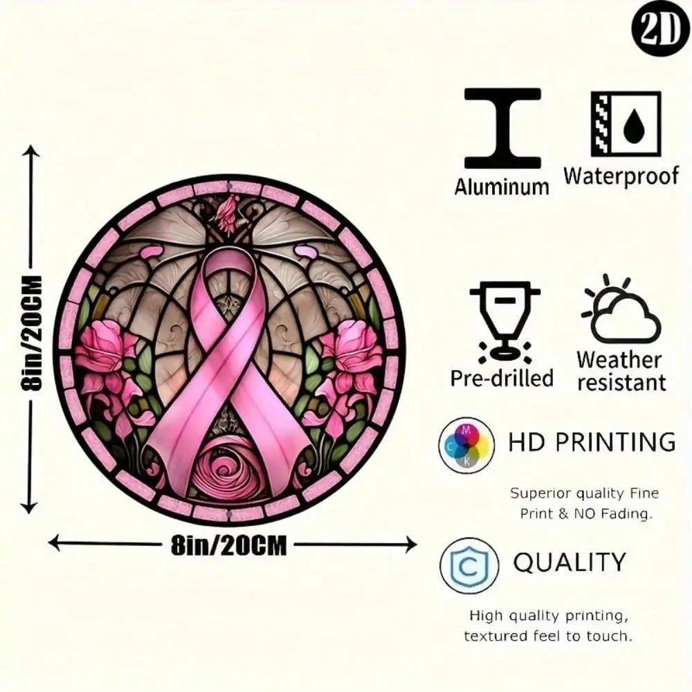 1pc 8"x8" Round Aluminum Breast Cancer Awareness Sign - Pink Ribbon Wreath Design, Perfect Decor for Home/Kitchen/Garden/Office