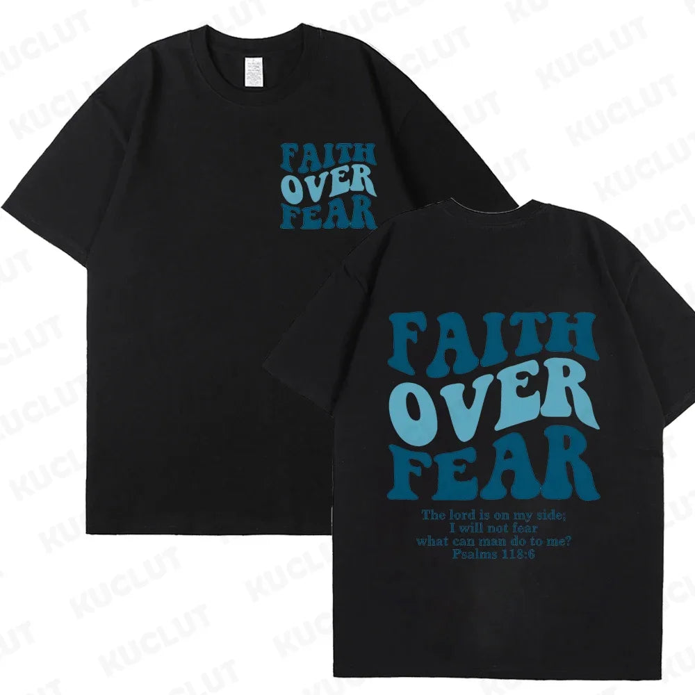 the FAITH OVER FEAR - Christian Women T-Shirts, Christian Clothes, Jesus Fashion Trendy T-Shirts Bible Verse Sportwear Aesthetic Clothes