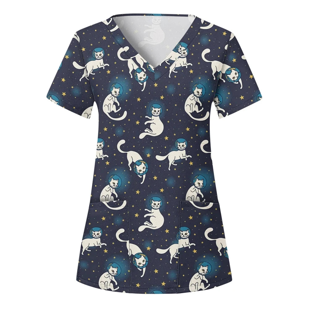 Wholesalers Clinical Uniform Woman Cat Cartoon Print Vet Nursing Tops V-Neck Short Sleeve with Pockets Tees Nurse Uniform Woman
