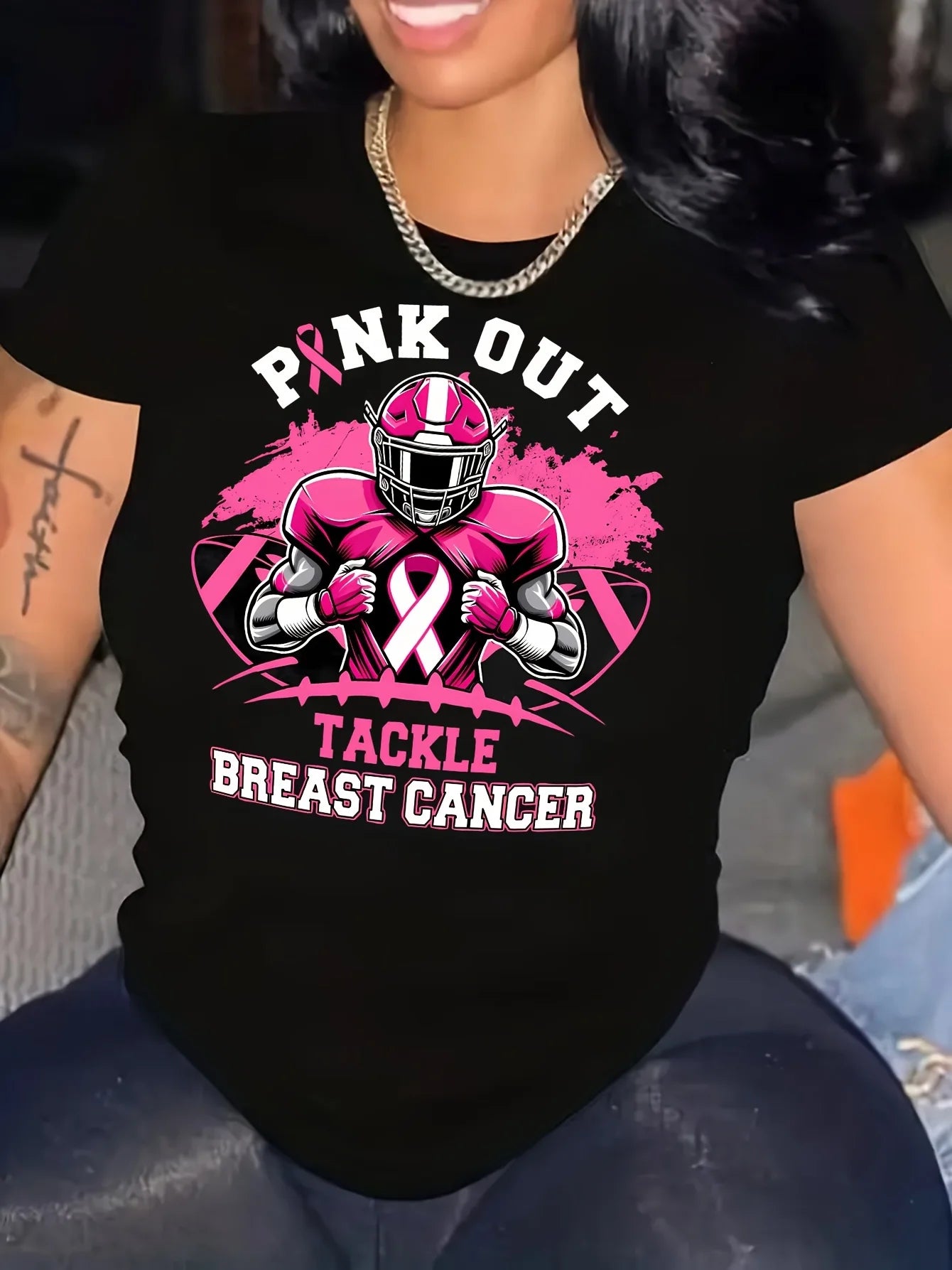 Pink Out Tackle Breast Cancer Graphic T-Shirt for Women - Casual Round Neck Short Sleeve Polyester Knit Fabric Top